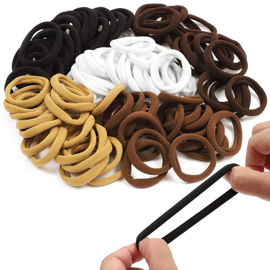 100 Pack Seamless Cotton Hair Ties Bulk High Elastic Bands No Crease Metal Ponytail Holder Accessories Women Girls 5 Colors Brown White Black