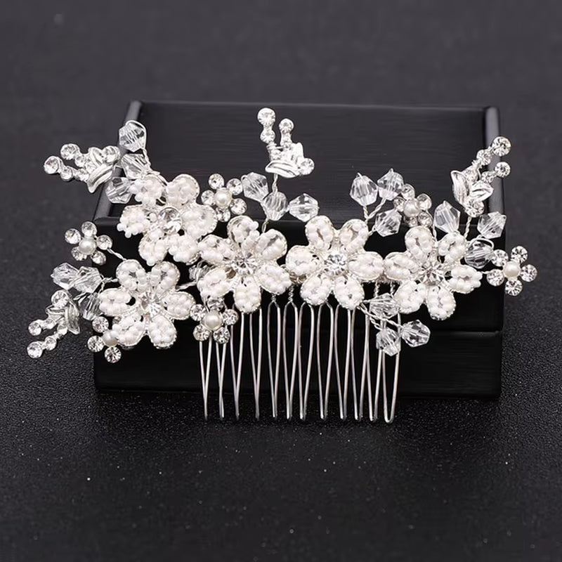 Silver Color Pearl Crystal Wedding Hair Combs Hair Accessories for Bridal Flower Headpiece Women Bride Hair Ornaments Jewelry