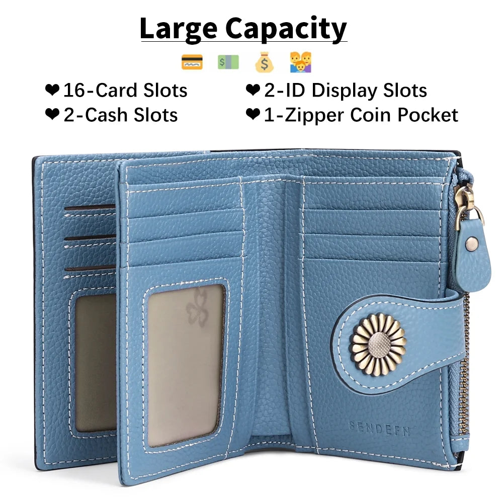 Small Women Wallet Genuine Leather Bifold Purse RFID Blocking Card Holder