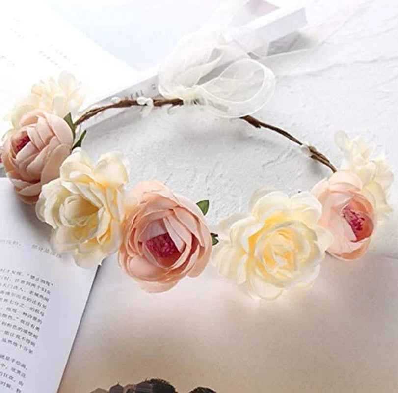 3PCS Handmade Flower Headband Floral Crown, Bridal Hair Wreath Wedding Halo Floral Garland Headbands Headpieceadjustableblue+Pink+Khaki