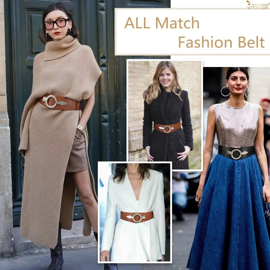 Women Wide Elastic Belt Fashion Vintage Stretch White Leather Waist Belts for Dresses