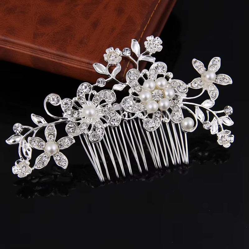 Silver Color Pearl Crystal Wedding Hair Combs Hair Accessories for Bridal Flower Headpiece Women Bride Hair Ornaments Jewelry