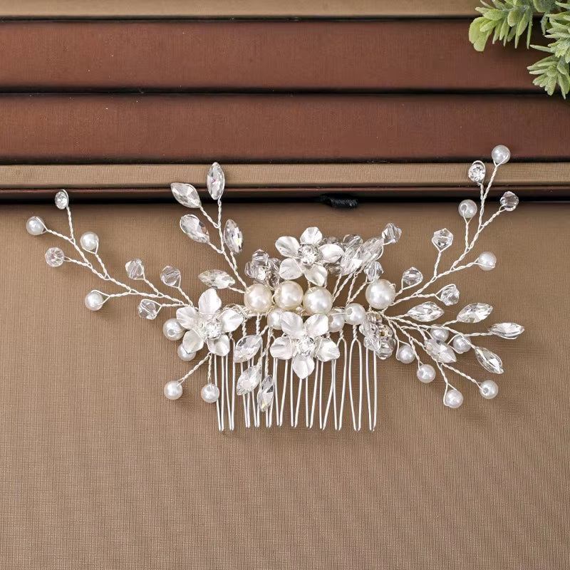 Silver Color Pearl Crystal Wedding Hair Combs Hair Accessories for Bridal Flower Headpiece Women Bride Hair Ornaments Jewelry