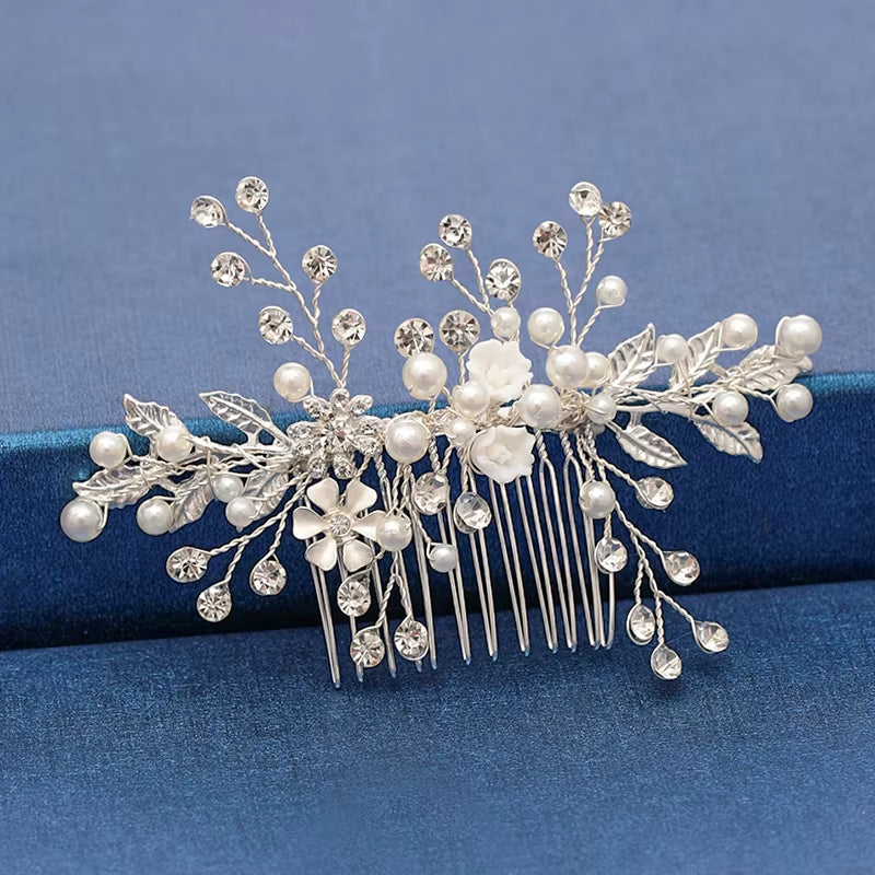 Silver Color Pearl Crystal Wedding Hair Combs Hair Accessories for Bridal Flower Headpiece Women Bride Hair Ornaments Jewelry