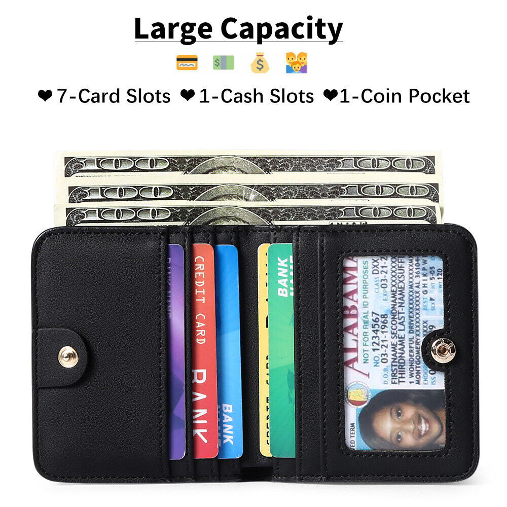 Womens Bifold Wallet Pocket Leather Slim Wallet Mini Purse Rfid Blocking Black N