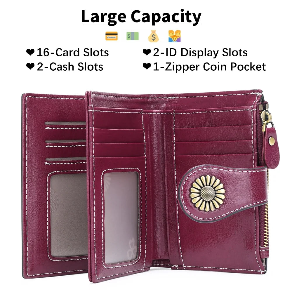 Small Women Wallet Genuine Leather Bifold Purse RFID Blocking Card Holder