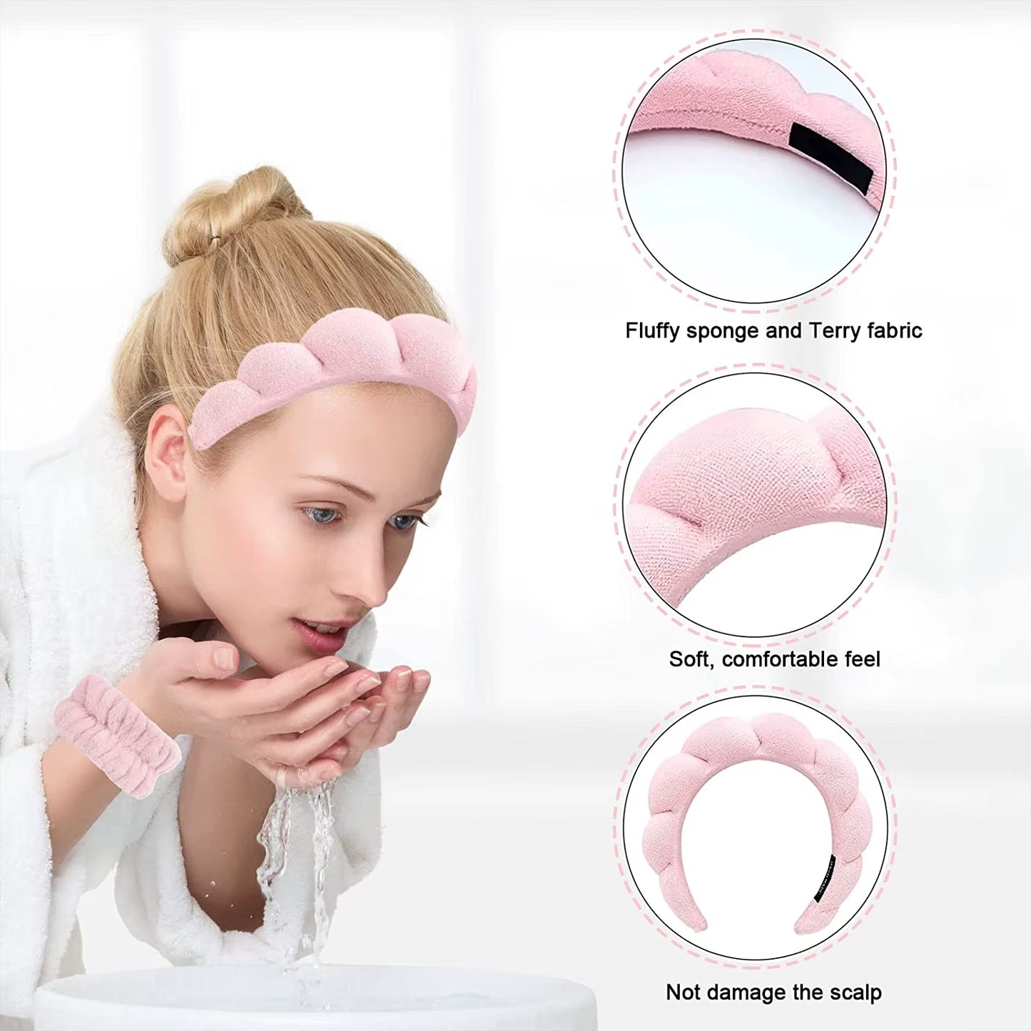 3Pcs Fashion Microfiber Washing Wristbands Scrunchies Puffy Headband Spa Bubble Headband for Washing Face Makeup Shower Skincare